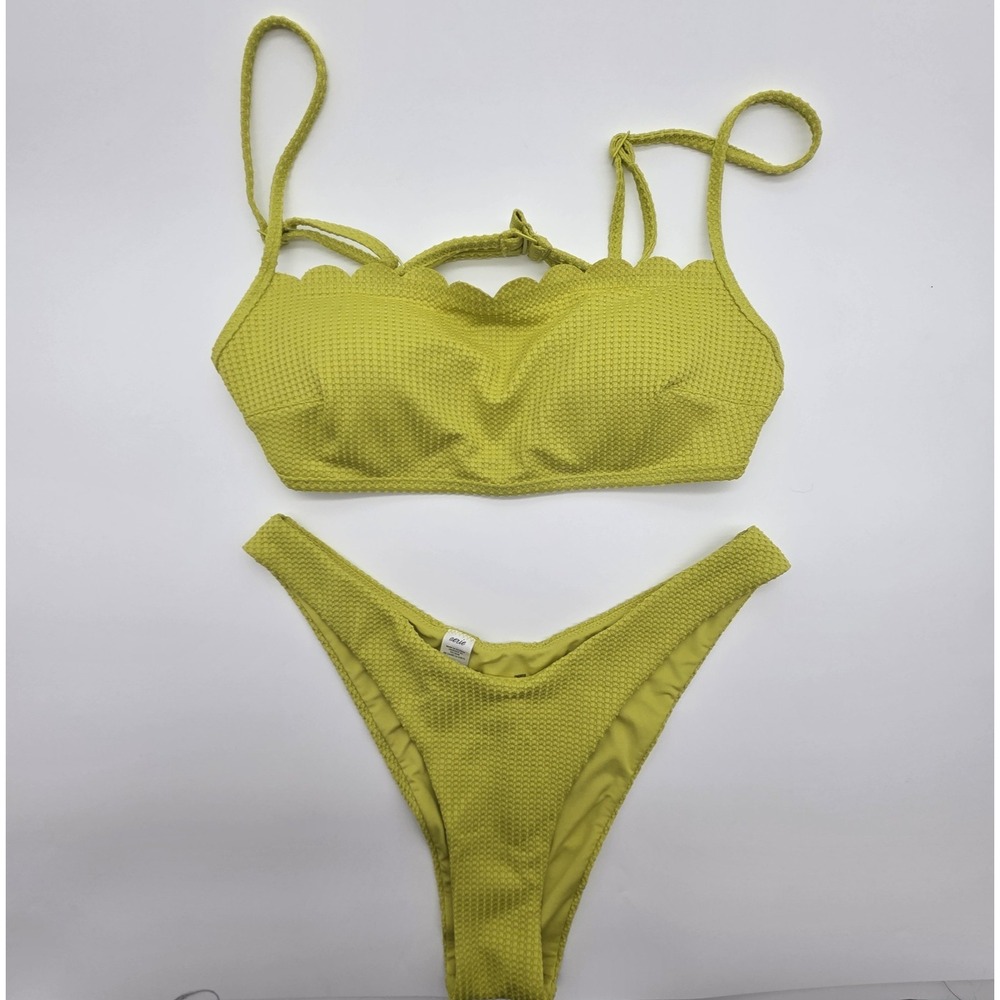 Aerie Waffle Fabric Bandeau 2 Piece Bikini Swim Top Bottom Scalloped Lime Green